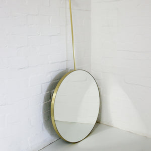 Orbis™ Ceiling Suspended Modern Round Mirror with a Brushed Brass Frame