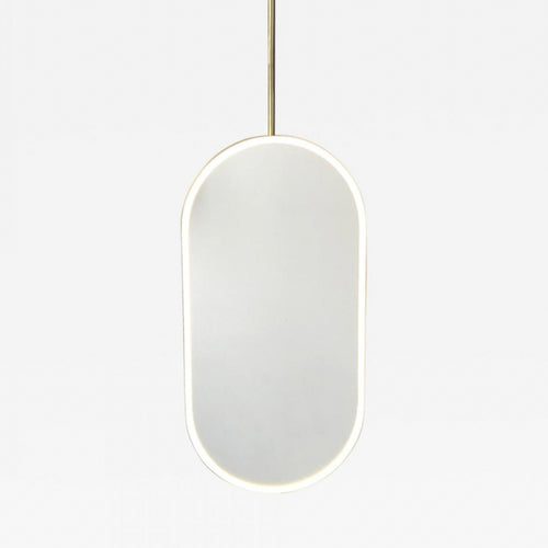 In Stock Capsula™ Ceiling Suspended Contemporary Mirror with a Brass Frame and Front Illumination