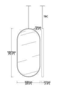 Bespoke Ceiling Suspended Capsula™ Mirror Minimalist Frame Brushed Brass Finish  Front Illumination 1 rod (1067 x 508 x 41mm)