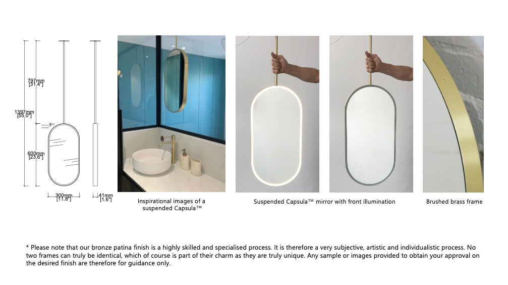 Bespoke Ceiling Suspended Capsula™ Mirror Front Illumination Minimalist Frame Brushed Brass Finish 1arm  (600 x 300 x 41mm)