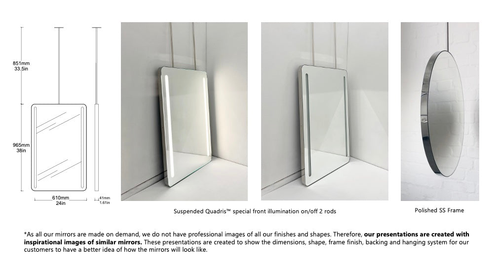 Bespoke Ceiling Suspended Quadris™ Mirror Polished Stainless Steel Frame Finish  Special Front Illumination 2 strips - 2 rods (965 x 610 x 30mm)