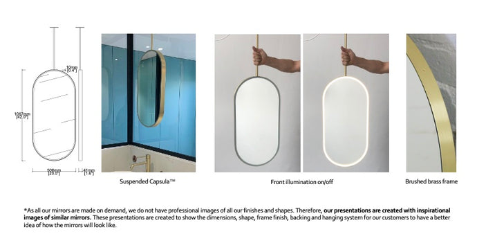 Bespoke Ceiling Suspended Capsula™ Mirror Minimalist Frame Brushed Brass Finish  Front Illumination 1 rod (1067 x 508 x 41mm)