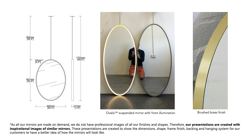 Bespoke Ceiling Suspended Ovalis™ Mirror Minimalist Brushed Brass Frame 1 arm (851 x 620 x 41mm)