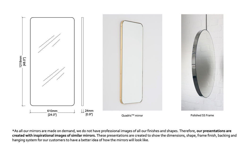 Set of 2 Bespoke Quadris™ Wall Hanging Mirrors Polished Stainless Steel Finish Round Corners (1219 x 610 x 24mm)