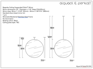 Set of two Bespoke Ceiling Suspended Orbis™ Mirror Blackened SS Frame 30" Diam