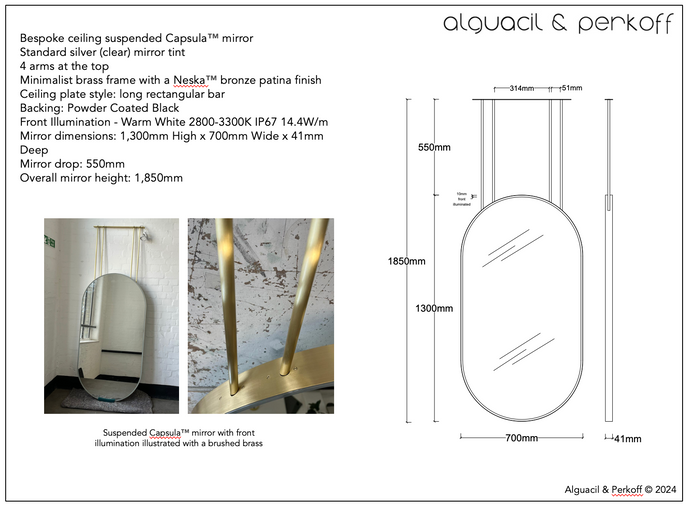 Bespoke Suspended Capsula™ Mirror Neska Patina Frame Front Illuminated 1300x700mm