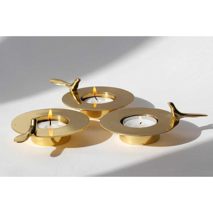 Set of Three, One Bird Brass Tea Light Holders