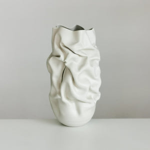 Unique Ceramic Sculpture Vessel, Tall White Slashed Crumpled Form N.60, Objet d'Art