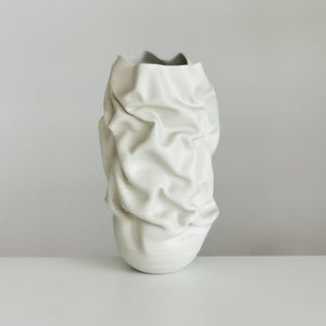 Unique Ceramic Sculpture Vessel, Tall White Slashed Crumpled Form N.60, Objet d'Art