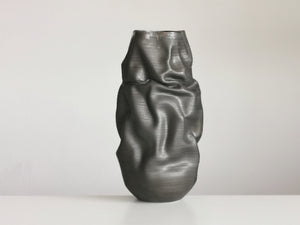 Unique Ceramic Sculpture Tall Crumpled Black Form N.68