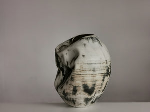 White Distorted Form with Green Glaze Highlights N.74, Ceramic Sculpture, Objet D'Art