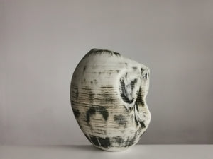 White Distorted Form with Green Glaze Highlights N.74, Ceramic Sculpture, Objet D'Art