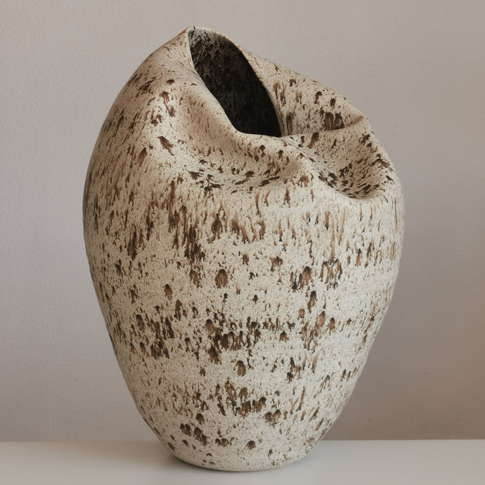 Tall Collapsed Form with White Speckled Glaze No.93, Large Ceramic Sculpture, Objet D'Art