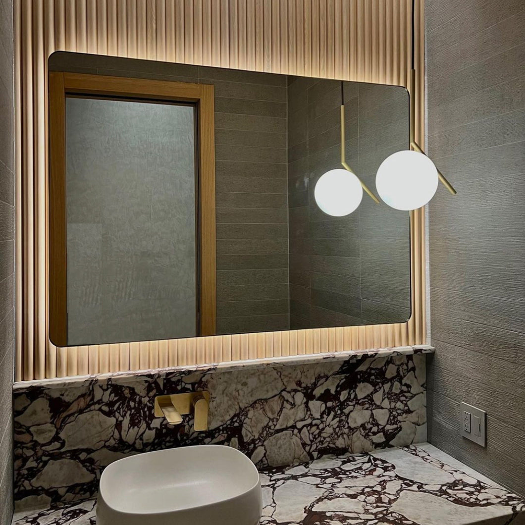 Quadris™ Illuminated Rectangular Contemporary Mirror with Brushed Brass Frame, Oversized, Customisable