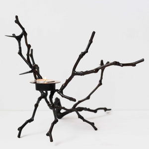 Bronze Cast Magnolia Twig Tealight Candle Holder With Dark Patina, Tall